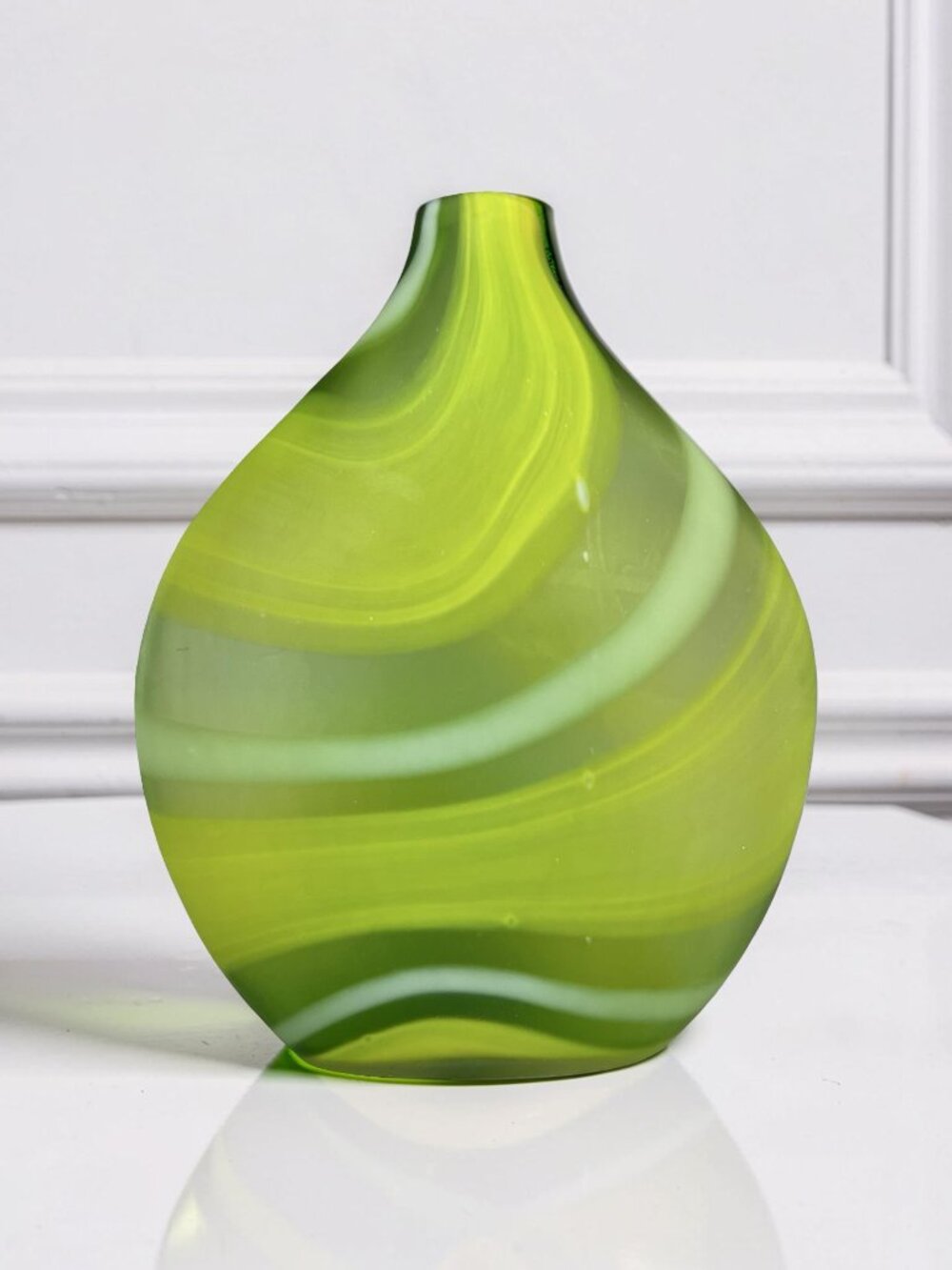 Vintage Sand Blasted Round Vase Green Yellow Waves Swirls Art Glass - 11" Tall